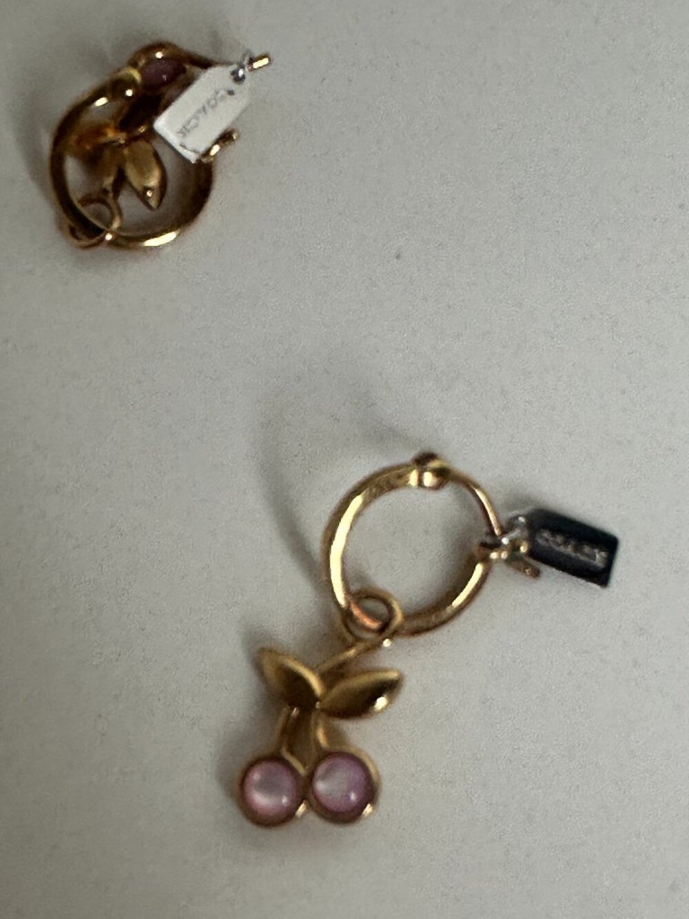 Coach Pink Cherry Charm Huggie Hoop Earrings Gold Tone - Picture 4 of 9